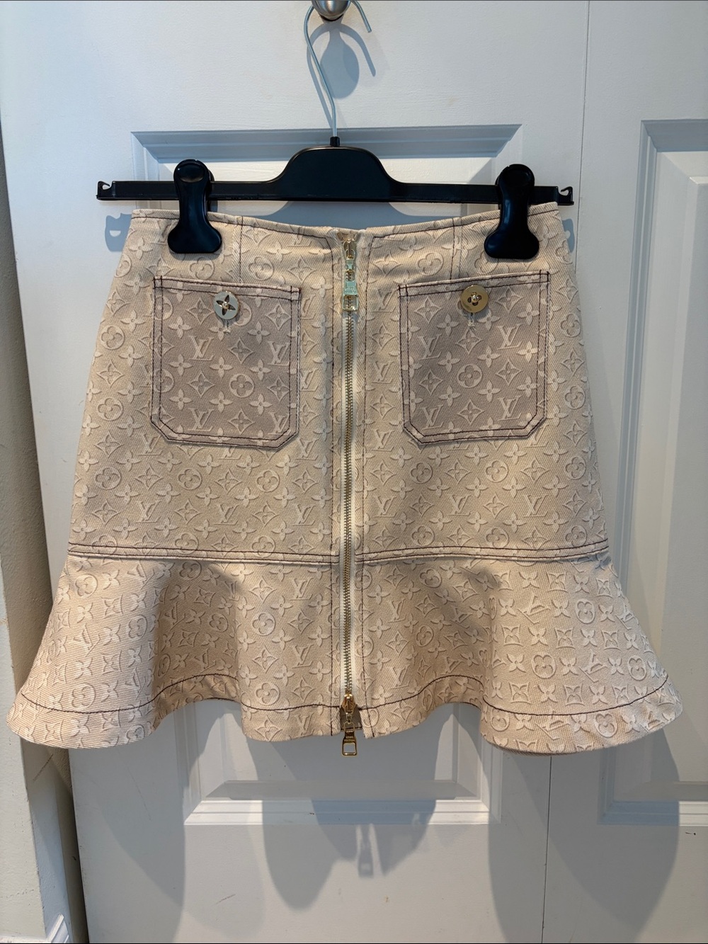 LV logo Beige Flared Zip Skirt